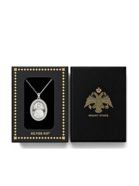 Ulysses Silver Pendant “Saint Paisios” Rhodium Plated Silver 925 Zircon Silver 925 Chain
