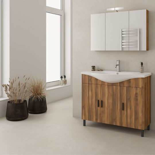 Drop Waschtisch mit Waschbecken & Spiegel mit Licht L95.5xB34xH80cm Καφέ, Amber Baroque Oak