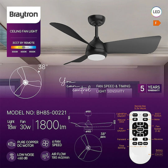 Braytron Тавани Вентилатор 97см с Магазин за онлайн търговия с Мегапикселови Обективи Черен