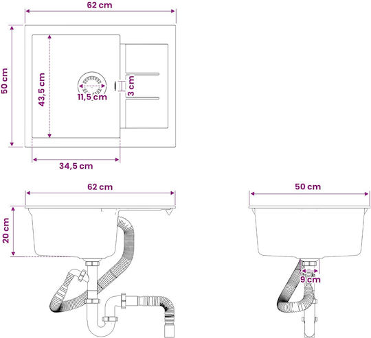 vidaXL Drop-In Кухненска Мивка от Течен Гранит 62x50cm Сива