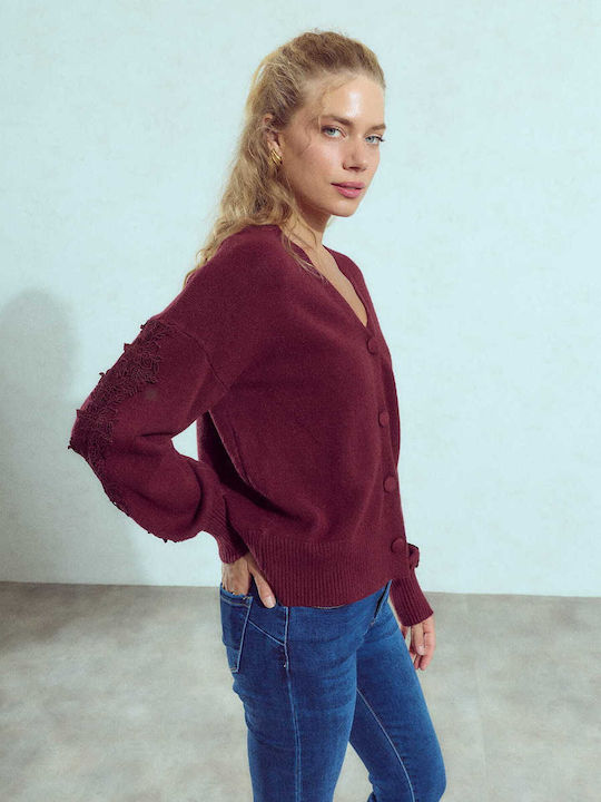 Celestino Cardigan Pentru Femei Broderie Pe Mâneci Burgundia