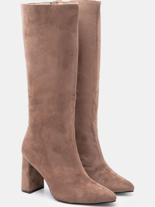 Suede Women's Boots with High Heel Beige