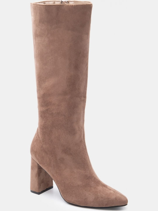Suede Women's Boots with High Heel Beige