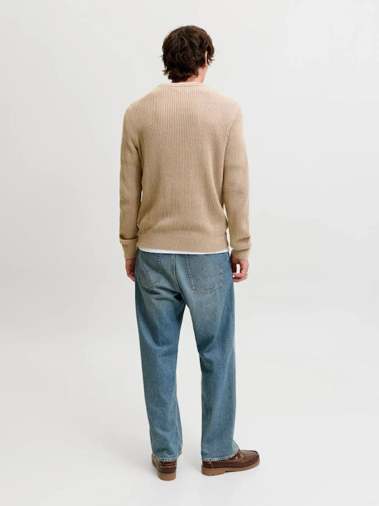 Crew Neck Herrenblusen Langarm Beige