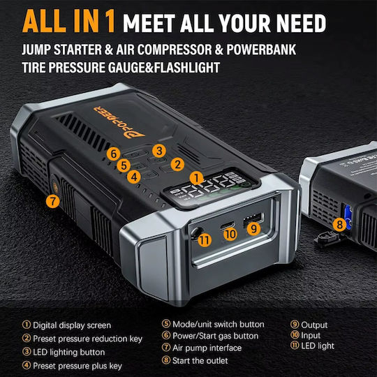 Popdeer Popdeer Portable Car & Motorcycle Battery Jump Starter 5000A with Power Bank USB Pump Flashlight 12V