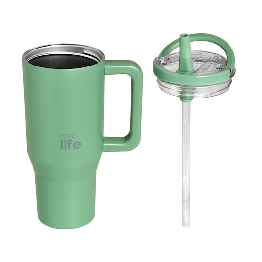 Ecolife Чаша с дръжка Термос Без BPA 900ml Зелен Чай Ecolife с Сламка и Дръжка