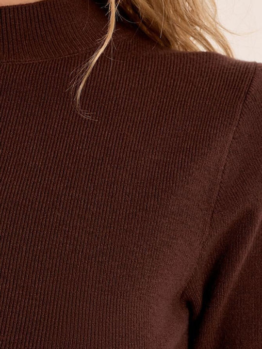 Women's Turtleneck Blouse with 3/4 Sleeve Brown