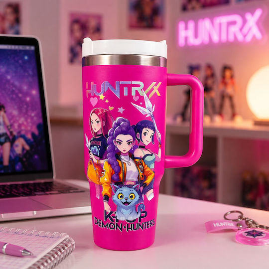 DMT Ανοξείδωτο Παιδικό Παγούρι K-Pop Demon Hunters Θερμός με Καλαμάκι Non Spill Ροζ 1200ml
