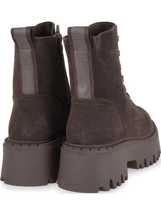 Suede Women's Combat Boots with Mid Heel Brown