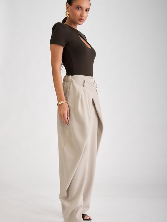 Women's Fabric Trousers in Balloon Leg Style Beige