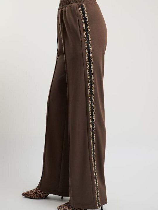Women's Brown Set with Trousers with Elastic in Loose Fit Leopard