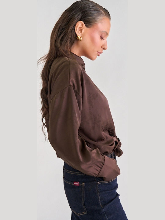 Langärmeliges Damenhemd Satin Braun Dunkel