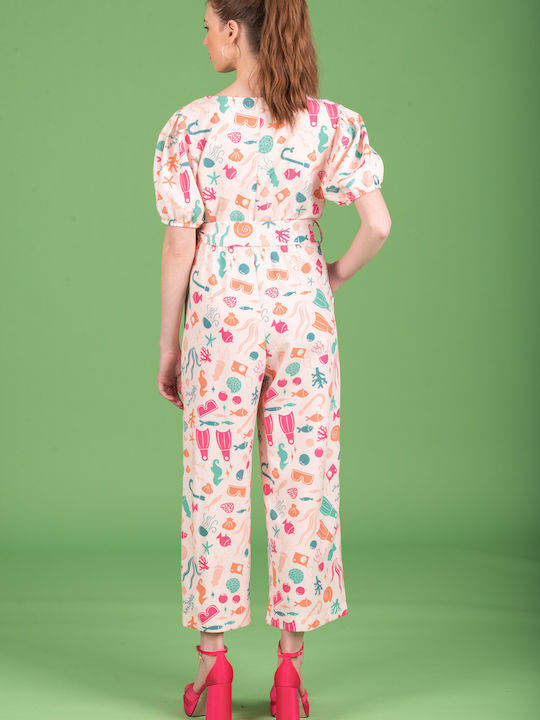 Damen Jumpsuit Weiß Rosa 123-21337-Weiß Rosa (002)
