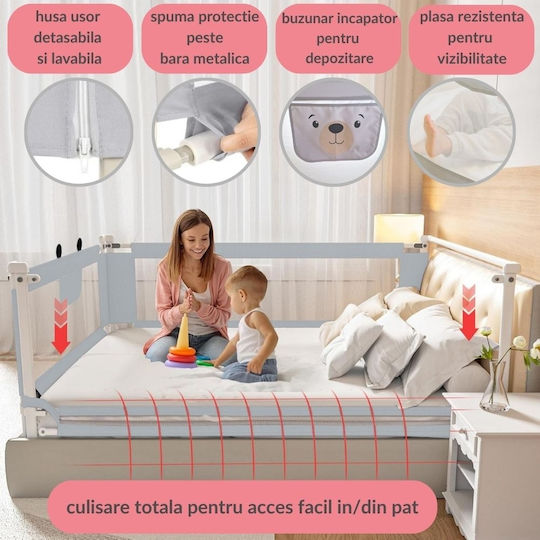 Kidizi Bară de Protecție pentru Pat Pliabilă din Material Textil în Culoare Gri 180cm