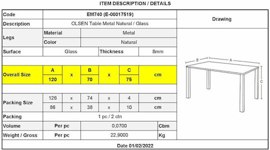 Olsen Dining Room Table with Glass Surface Natural 120x70x75cm EM740