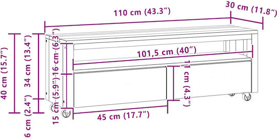 TV-Ständer aus Massivholz mit Rädern Natürliche Farbe M110xT30xH40cm