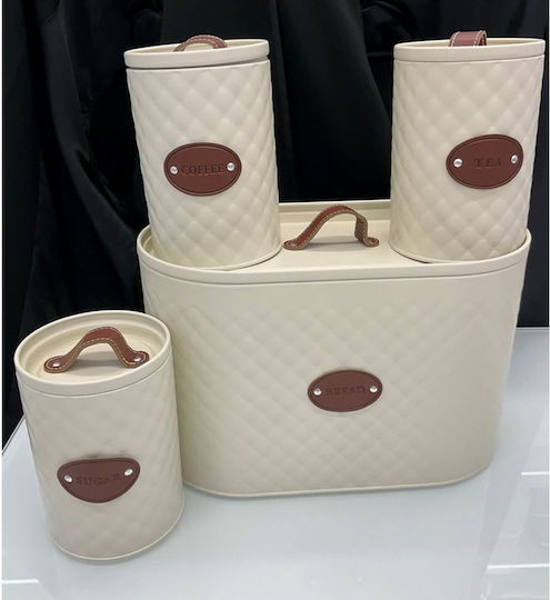 Set of 4 Cream Metallic Embossed Bread Box 3 Boxes Tea Coffee Sugar 33x17x20cm Φ11x16cm