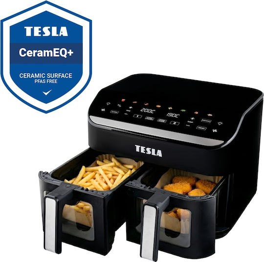 Tesla Electronics AirCook DualHeat QD464 XXL Heißluftfritteusen mit Doppelter Abnehmbarer Behälter 9lt Schwarz