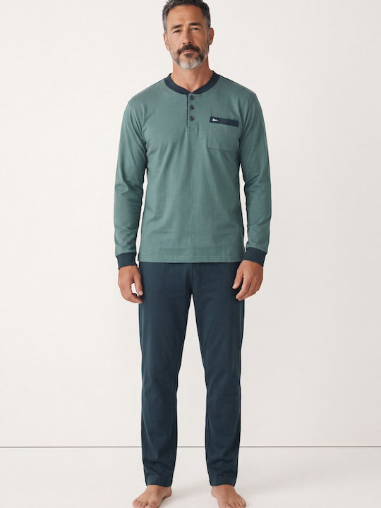 Мъжка Пижама Collection Henley Фуутър 65% Памук Българско Производство Зелен Cl2725-68-зелен