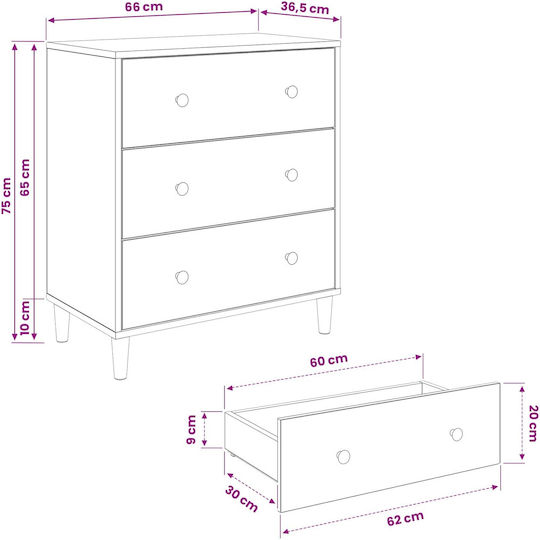 Kommode Schlafzimmer Holz Ommen mit 3 Schubladen Geometrisches Design 66x36.5x75cm