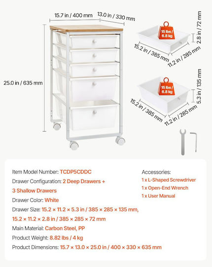 Vevor Kitchen Trolley Wooden 5 Tier White