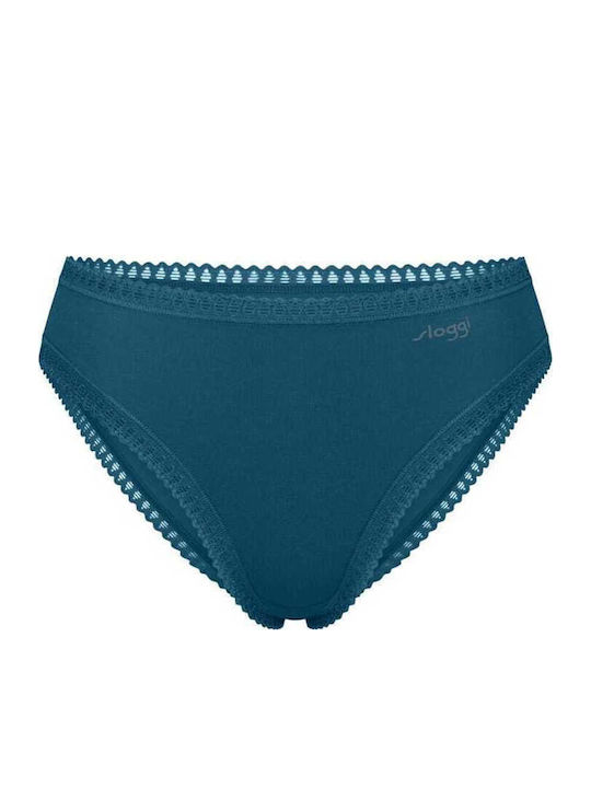 Βαμβακερά Ψηλόμεσα Γυναικεία Slip 3Pack με Δαντέλα Πετρόλ