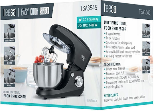 Teesa Küchenmaschine 1400W mit Rostfreiem Schüssel 5,5lt Schwarze