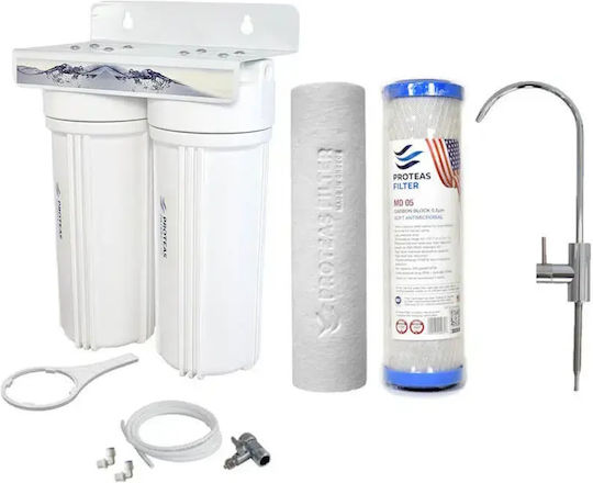 Proteas Filter Water Filtration System Double Under Sink Micron 1/4'' with Faucet & Replacement Filter Activated Carbon CTO/ECO-CBVOC1, Polypropylene EW-013-0507