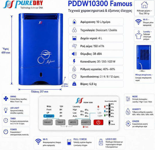 Puredry PDDW10300 Famous Влагоуловител с Wi-Fi 10lt Син
