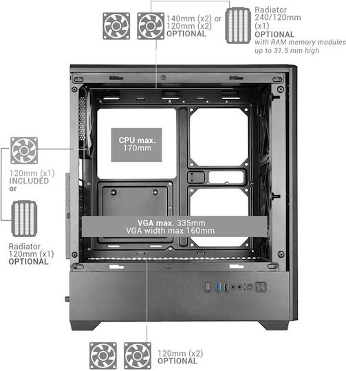 Tacens Mcquantum Gaming Midi-Turm Computergehäuse mit Seitenfenster Schwarze