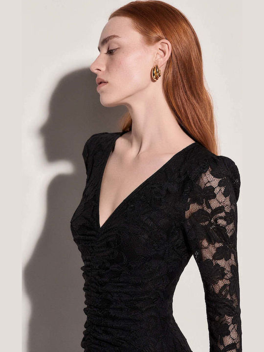 Rochie Midi De Seară Cu Dantelă Și Plasă Neagră