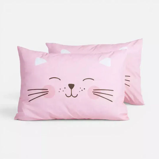 Nef-Nef Homeware Happy Cat Kinder Kissenbezug aus 100% Baumwolle 52x72cm Rosa