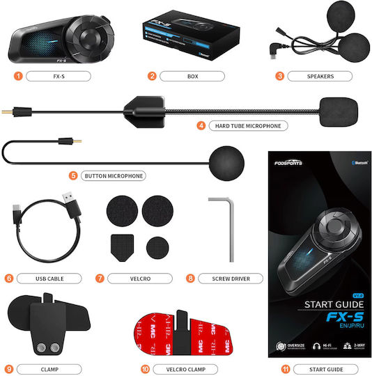 Fodsports FX-S Einzelne Gegensprechanlage für Motorradhelm mit Bluetooth
