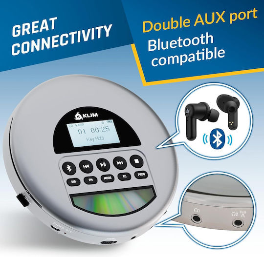 Player CD Portabil Bluetooth Radio FM Cititor Card TF Protecție Anti-șoc Dublu Mufă Jack Baterie Reîncărcabilă Cablu Aux Klim Fusion Căști Incluse Conexiune Sistem Audio Auto