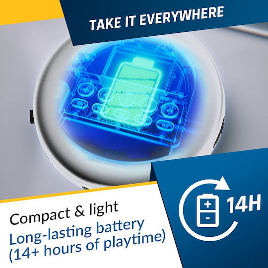 Player CD Portabil Bluetooth Radio FM Cititor Card TF Protecție Anti-șoc Dublu Mufă Jack Baterie Reîncărcabilă Cablu Aux Klim Fusion Căști Incluse Conexiune Sistem Audio Auto