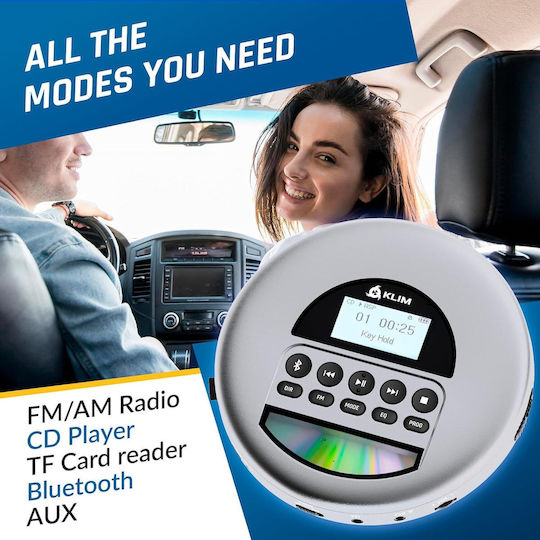 Player CD Portabil Bluetooth Radio FM Cititor Card TF Protecție Anti-șoc Dublu Mufă Jack Baterie Reîncărcabilă Cablu Aux Klim Fusion Căști Incluse Conexiune Sistem Audio Auto