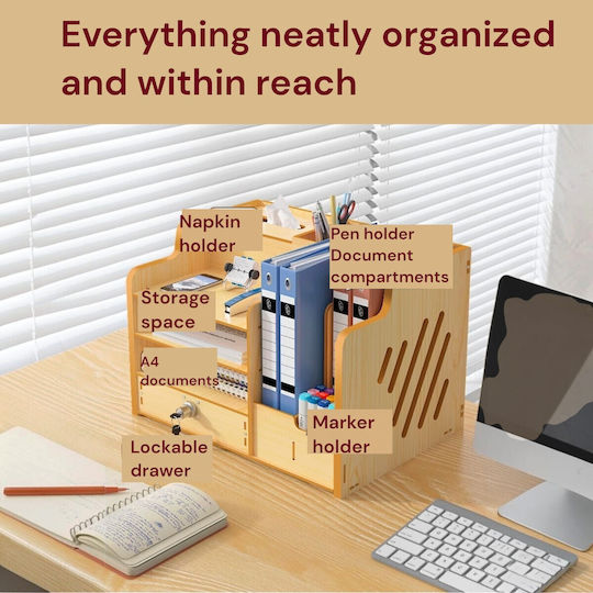 Organizator de Birou din Lemn cu 9 Compartimente Organizator pentru Sertar pentru Chei Documente A4 Accesorii pentru Bibliorafturi 38.8 X 29 X 28 Cm Galben Deschis