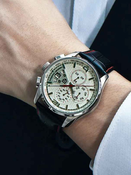 Pagani Design Ανδρικό Ρολόι 44mm Χρονογράφος Μπαταρίας με Δερμάτινο Λουράκι White
