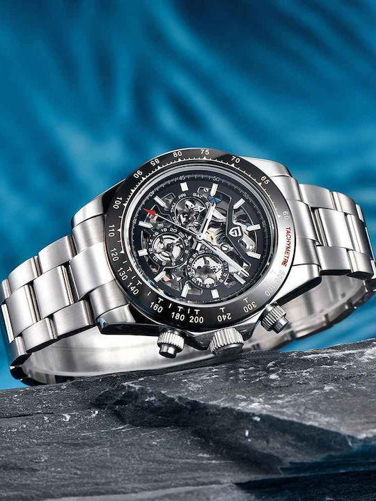 Pagani Design Ceas Bărbătesc 40mm Cronograf Automat cu Brățară din Oțel Silver/black