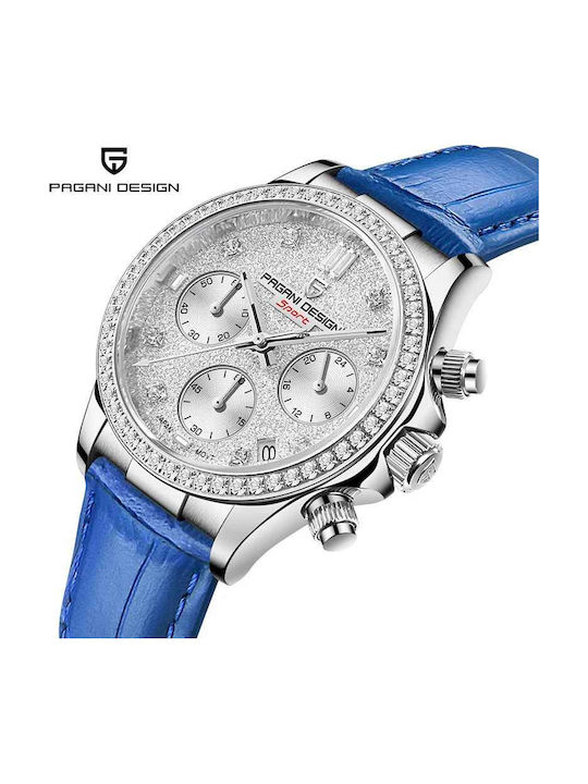 Pagani Design Ceas Dama 36mm Cronograf Baterie Cu Curea Din Piele Albastră Pagani Design Ceas Dama 36mm Cronograf Baterie Cu Curea Din Piele Albastră