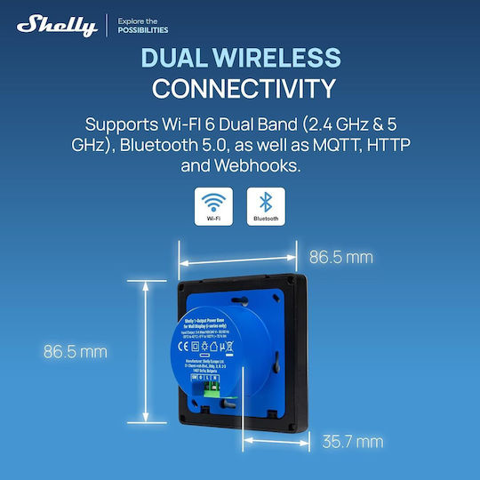 Shelly Вграден стенен прекъсвач с тъч дисплей Wi-Fi Черен