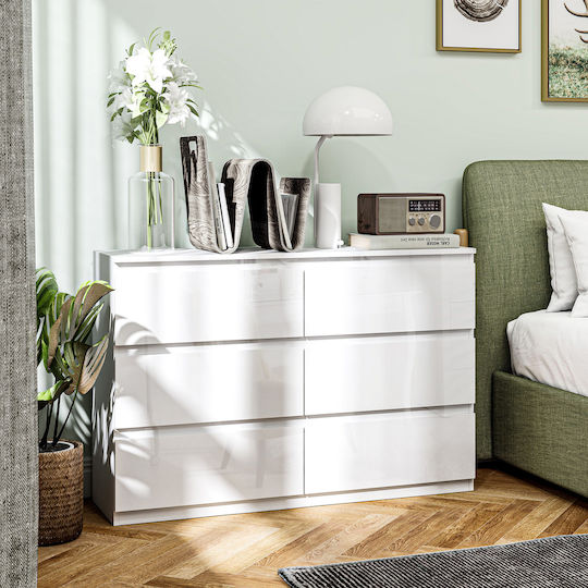 Comodă de Dormitor din Lemn cu 6 Sertare Albă 112x34x75cm