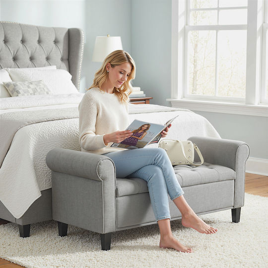 Living Room Stool Bed with Storage Space Upholstered in Fabric Light Grey
