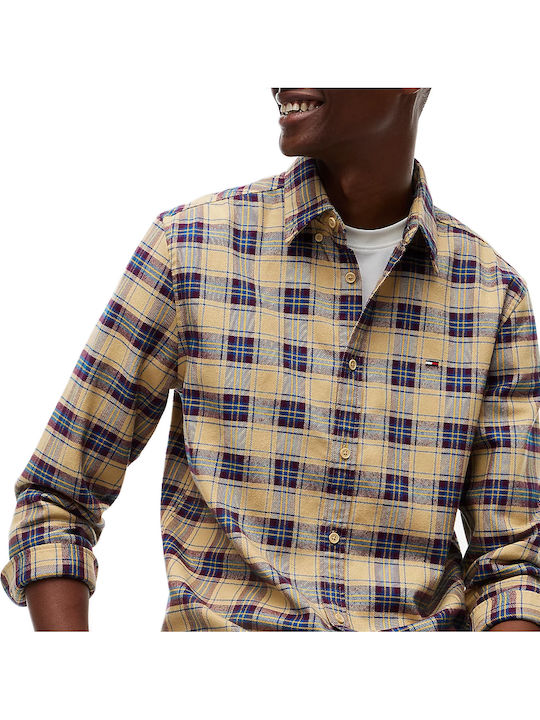 Long Sleeve Flannel Shirt in Regular Fit Checked Camel Blue Burgundy
