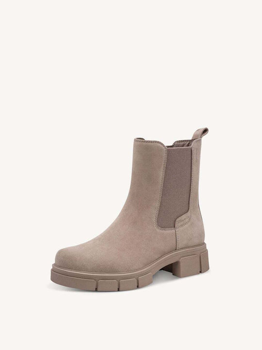 Leather Women's Chelsea Ankle Boots with Mid Heel Beige