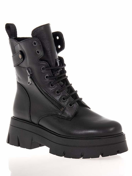 Leder Damen Kampfstiefel Schwarz