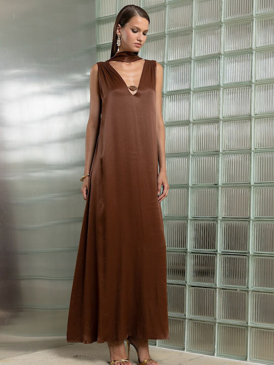 Summer Maxi Evening Slip Dress Satin Brown