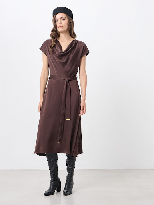 Summer Midi Satin Drape Brown Dress
