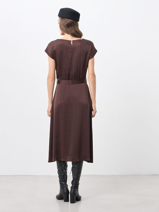Summer Midi Satin Drape Brown Dress