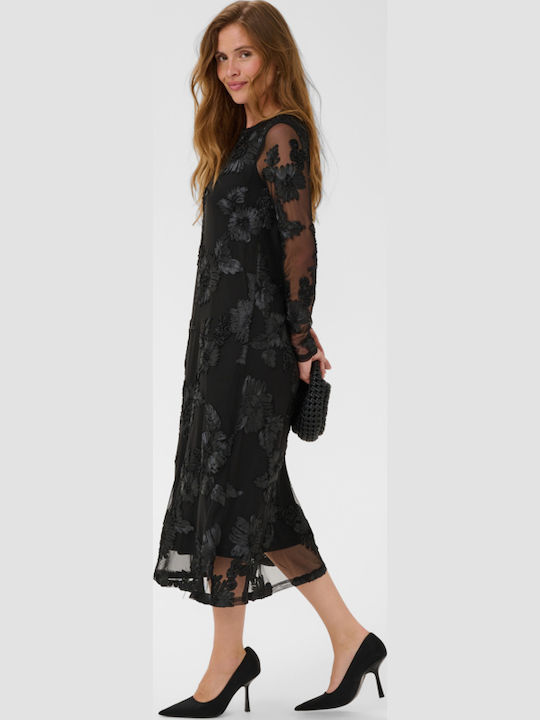 Summer Midi Evening Dress with Mesh Black